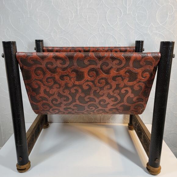 Vintage Log Holder Tan Black Embossed Tooled Leather Wood Magazine Storage - Picture 5 of 13